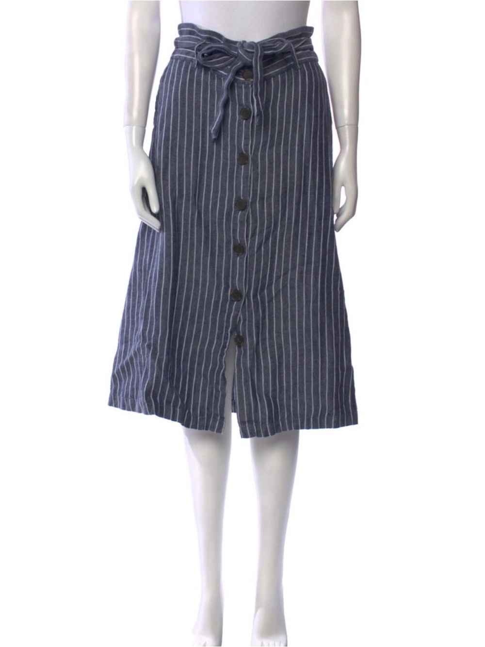 Christian Siriano Navy Blue Striped Button-Front Midi Skirt with Tie Waist